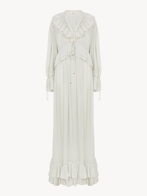 Robe longue fronc&eacute;e en charmeuse de soie