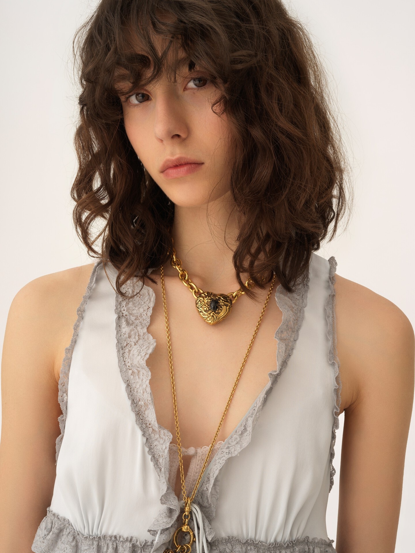 Tie-front sleeveless top in washed silk satin & lace - 7.0