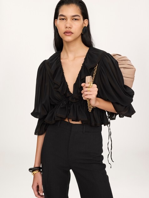 Cropped V-neck ruffle top in silk georgette & lace