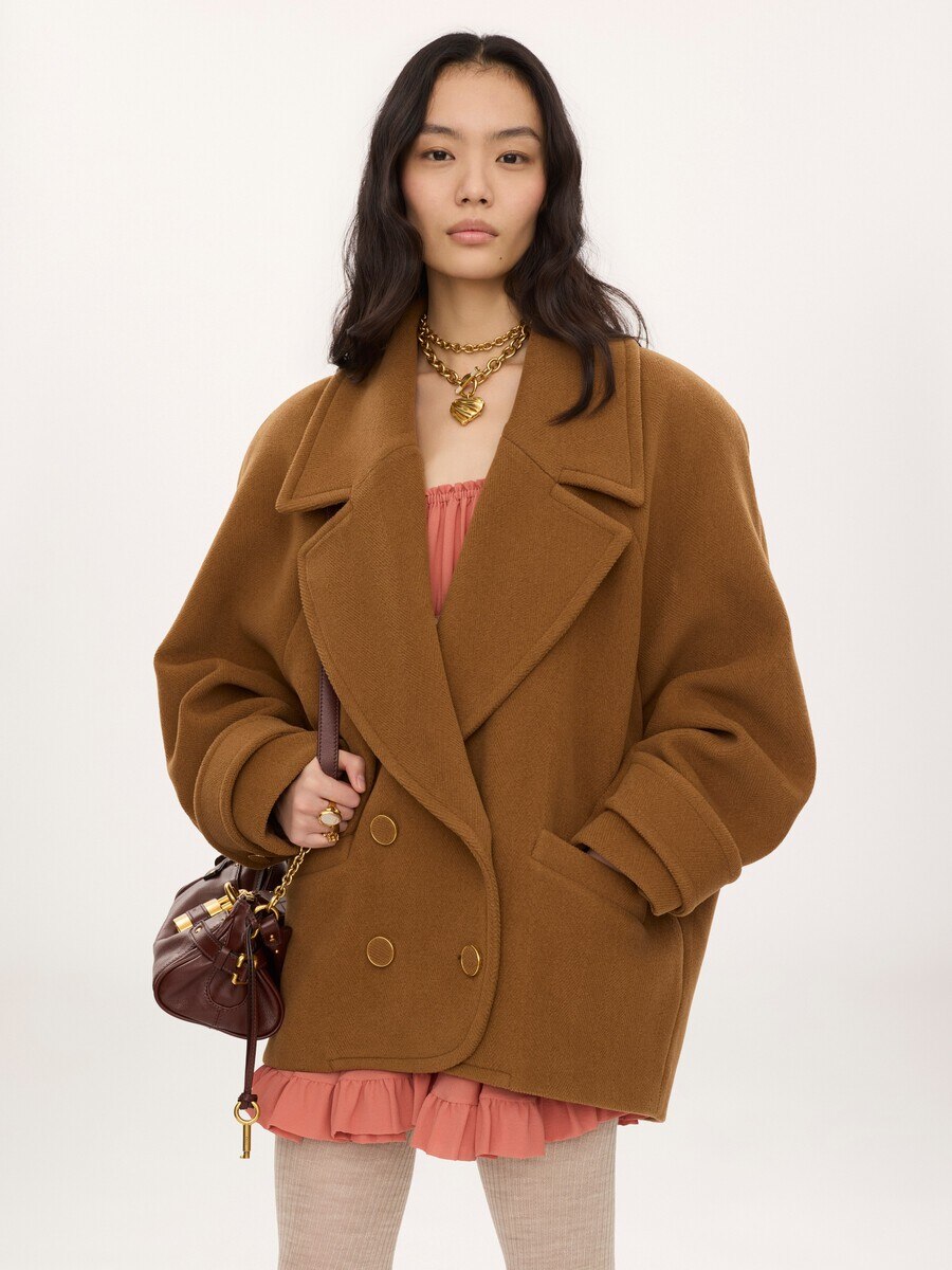Double-breasted short coat in herringbone wool - 4
