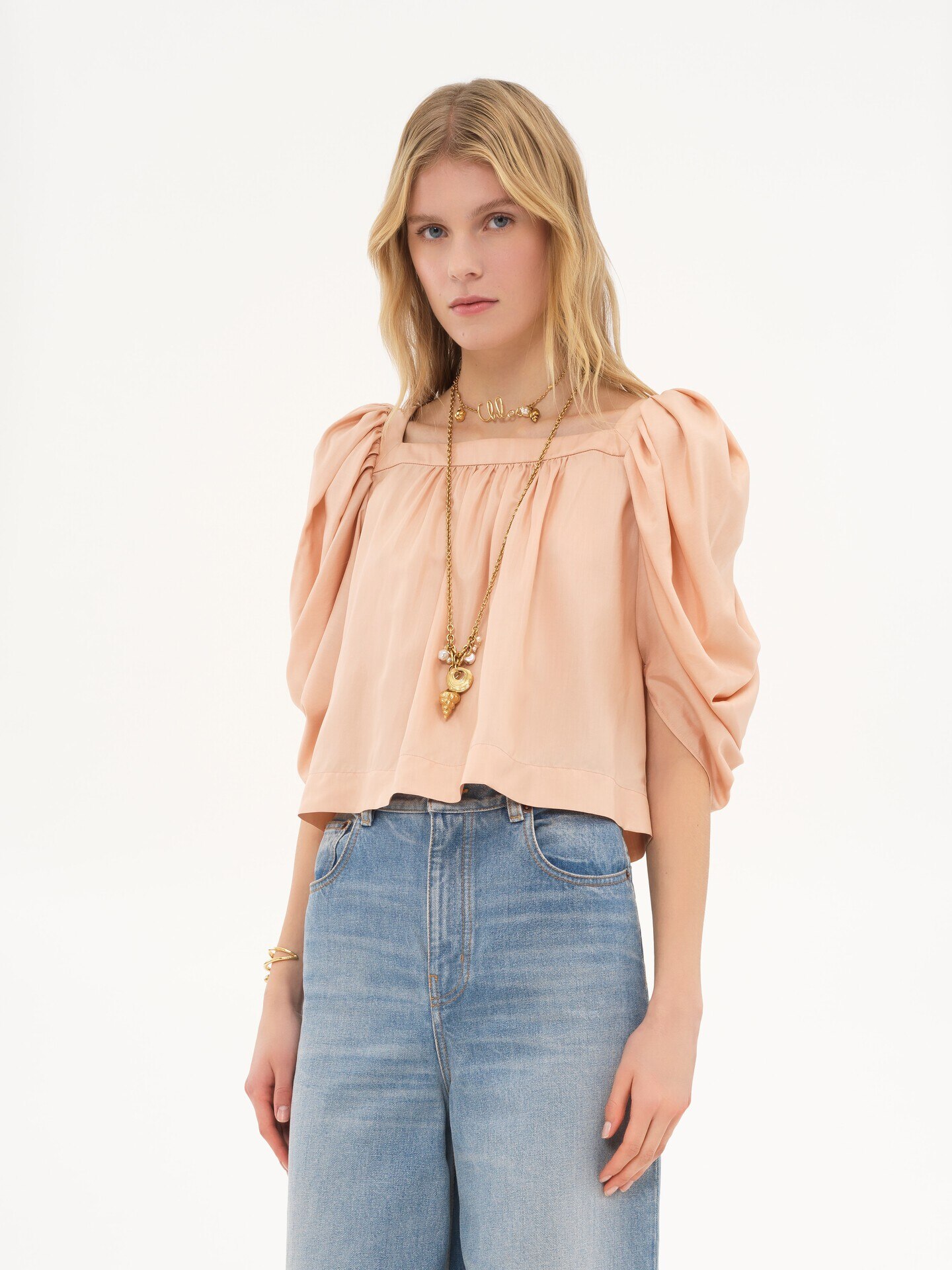 Puff-sleeve pleated top in silk poplin - 4