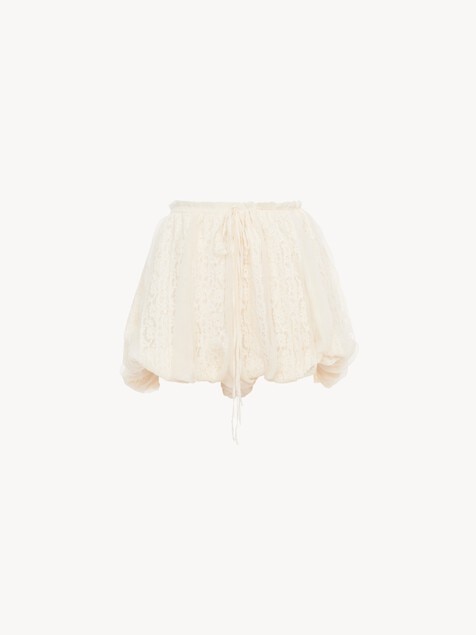 Mini-Bloomer-Shorts aus Seiden-Mousseline mit floraler Spitze