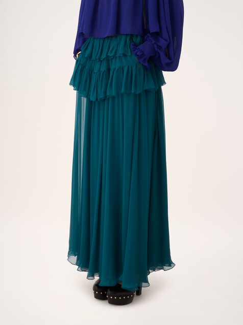 Ruffled long skirt in silk mousseline