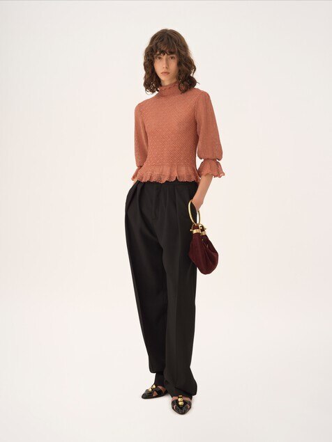 Ruffled puff-sleeve sweater in a lurex knit
