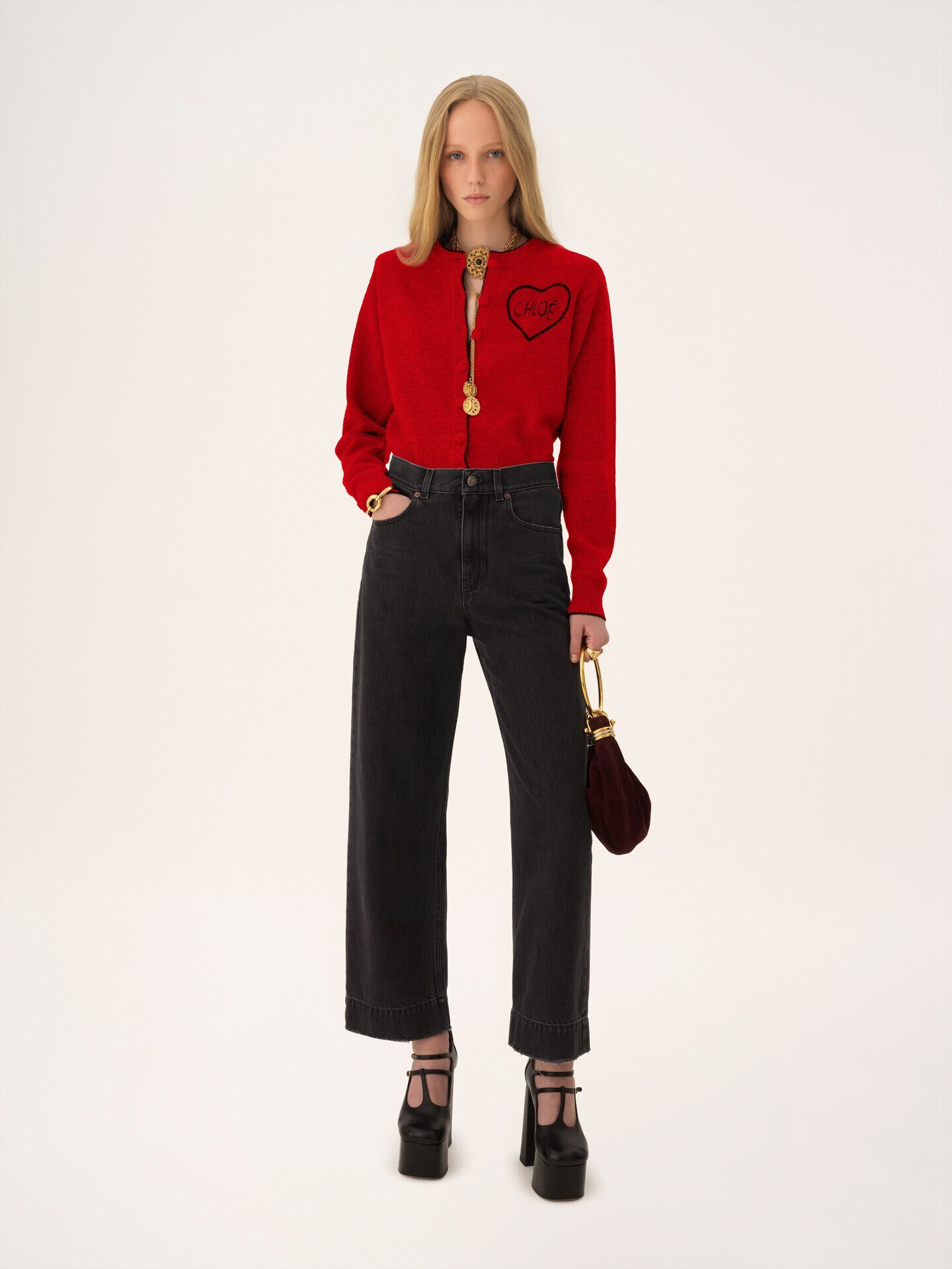 Fitted logo cardigan in a wool & cashmere knit Red - Chloé