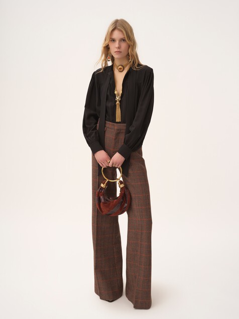 Pantalon taille haute &eacute;vas&eacute; en laine &agrave; carreaux