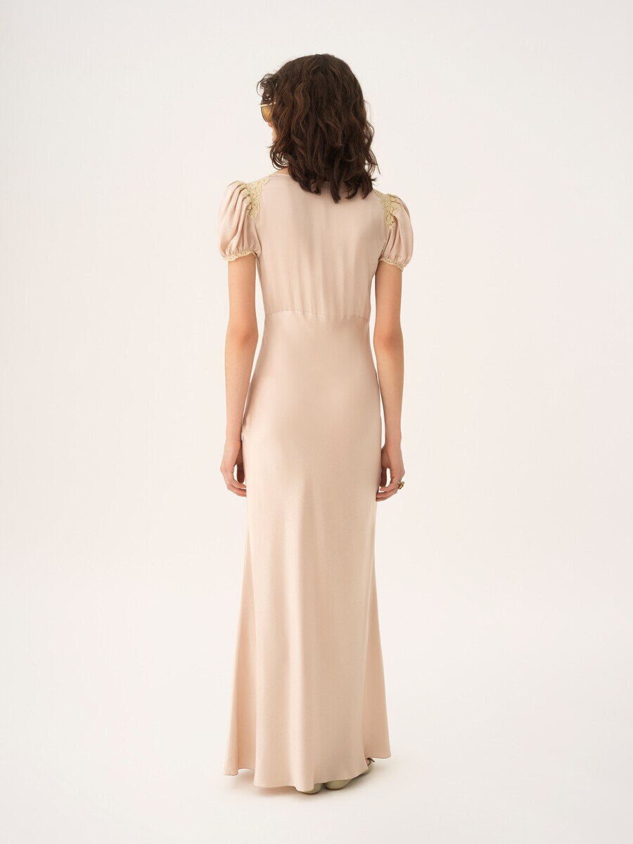 Puff-sleeve column dress in washed silk satin & lace - 4