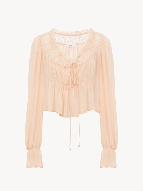 Scoop-neck cropped top in silk georgette & lace