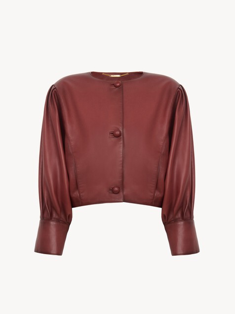 Cropped collarless jacket in leather