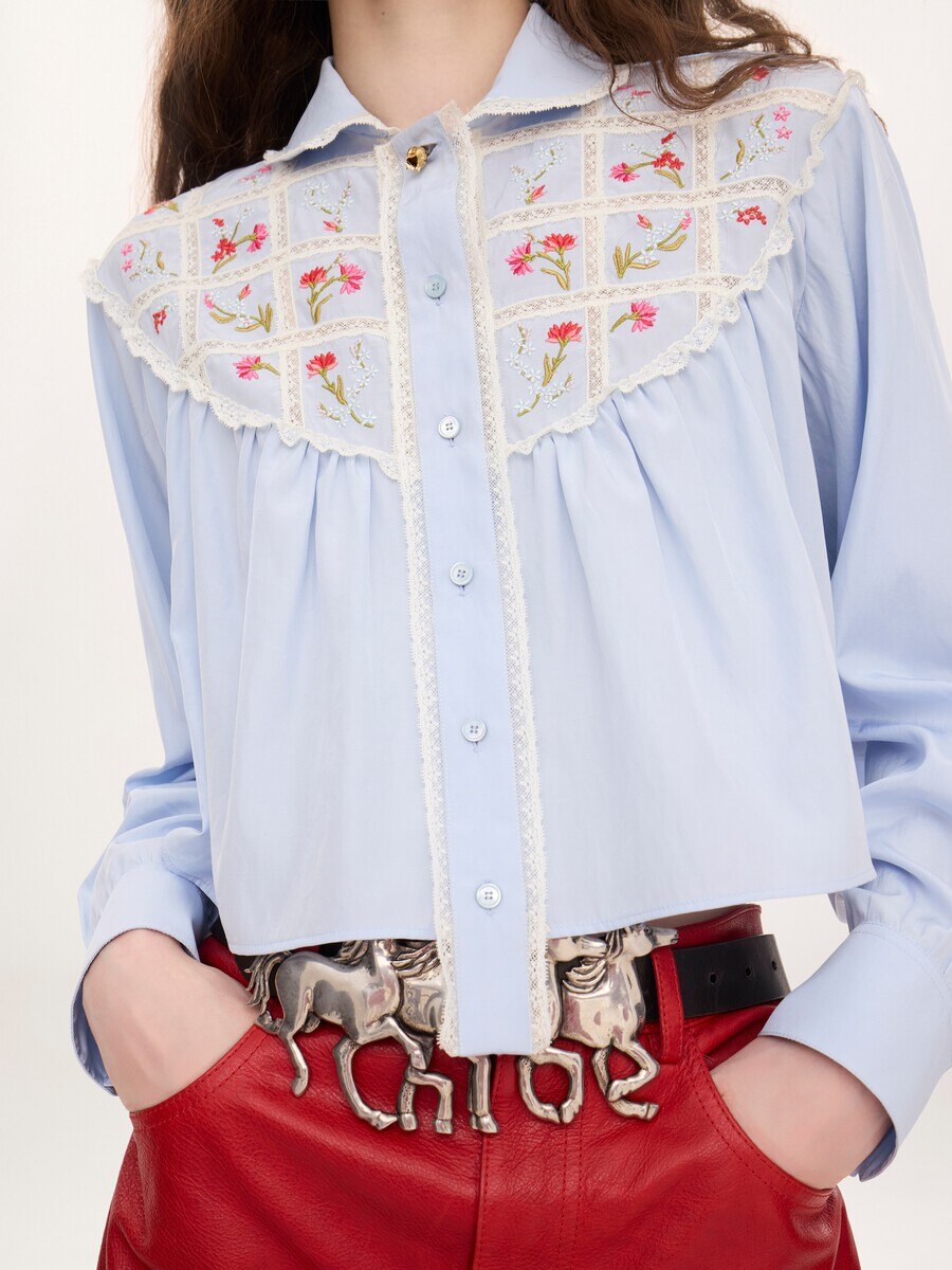 Cropped blouse in silk, cotton poplin & lace - 6