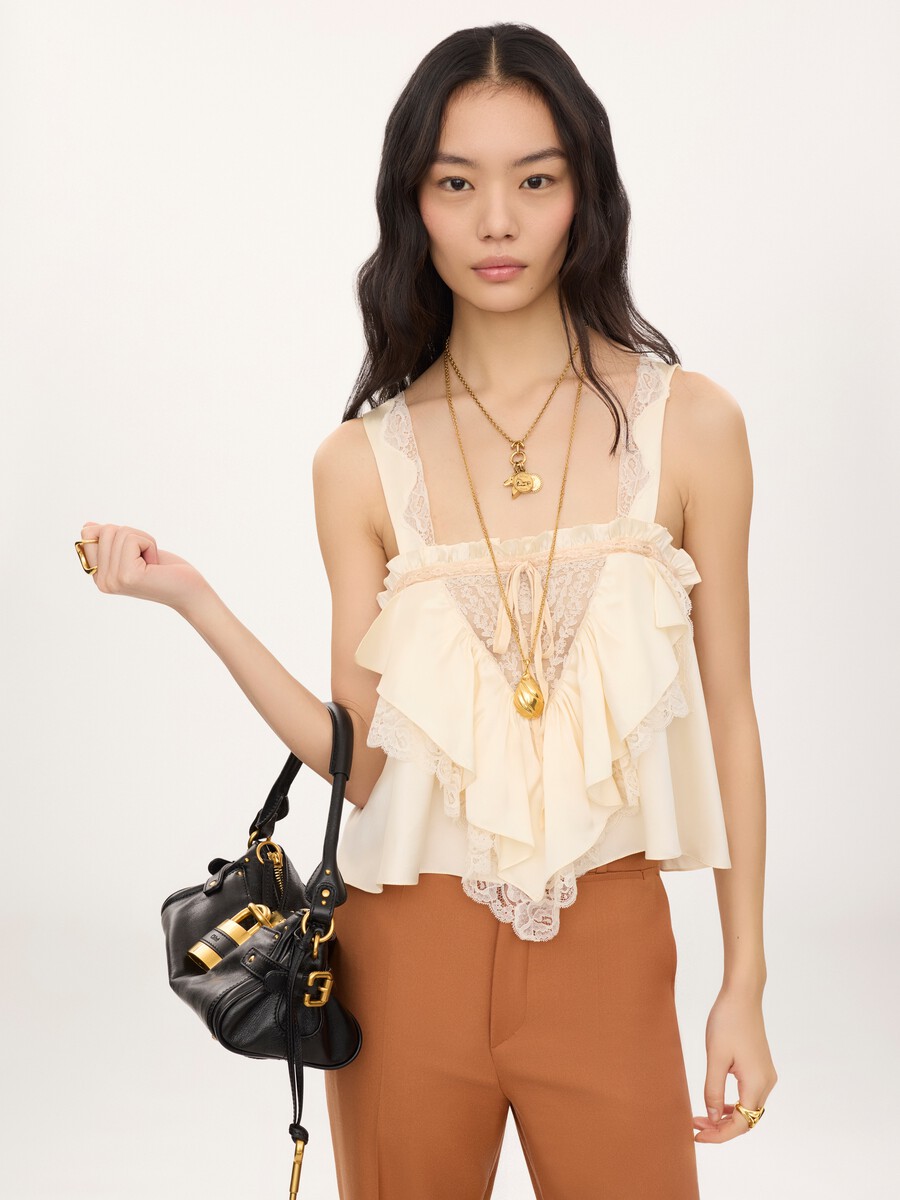 Sleeveless ruffle top in washed silk satin & lace - 4