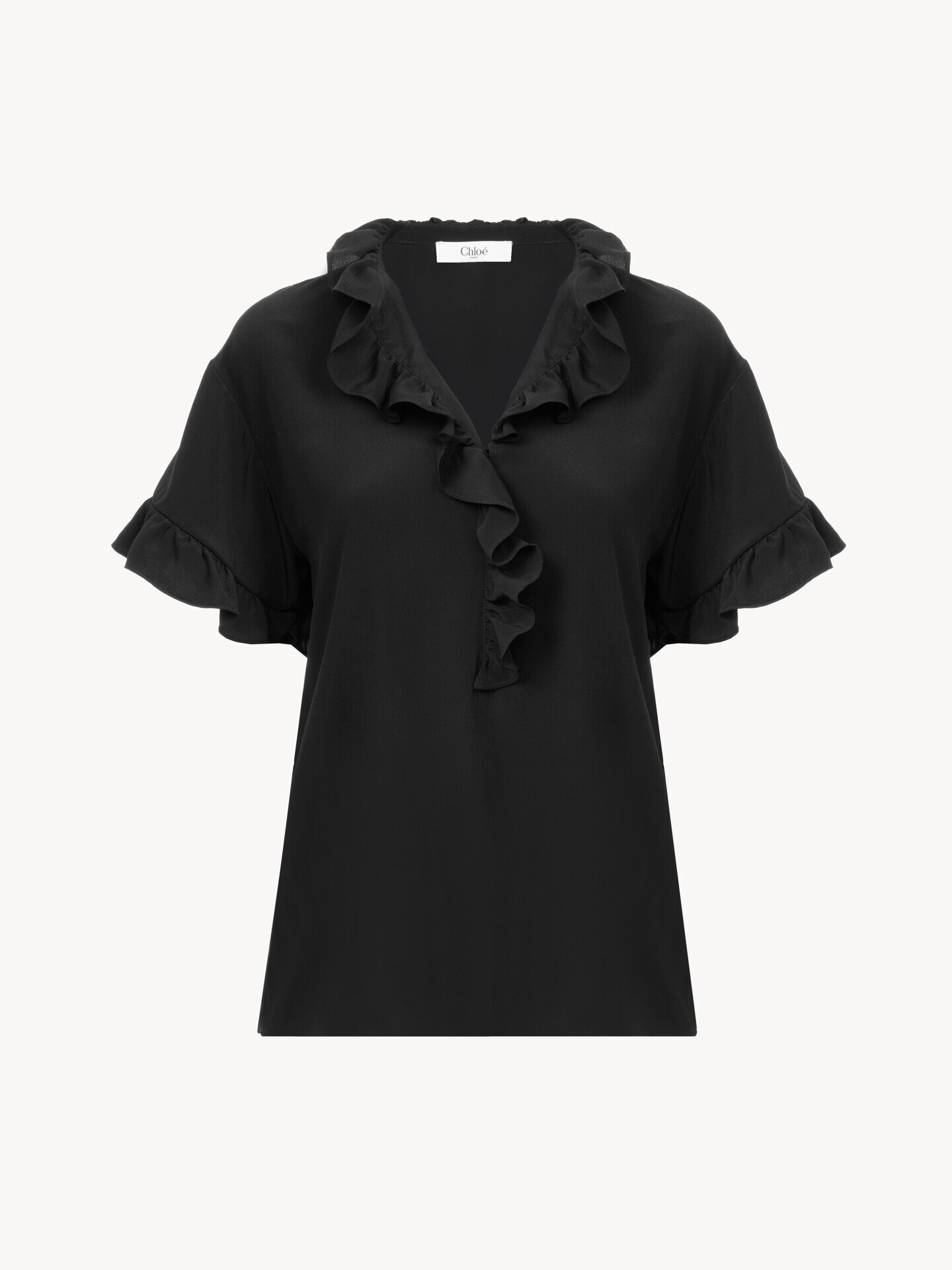 Short-sleeve ruffle top in cr&ecirc;pe de chine - 2