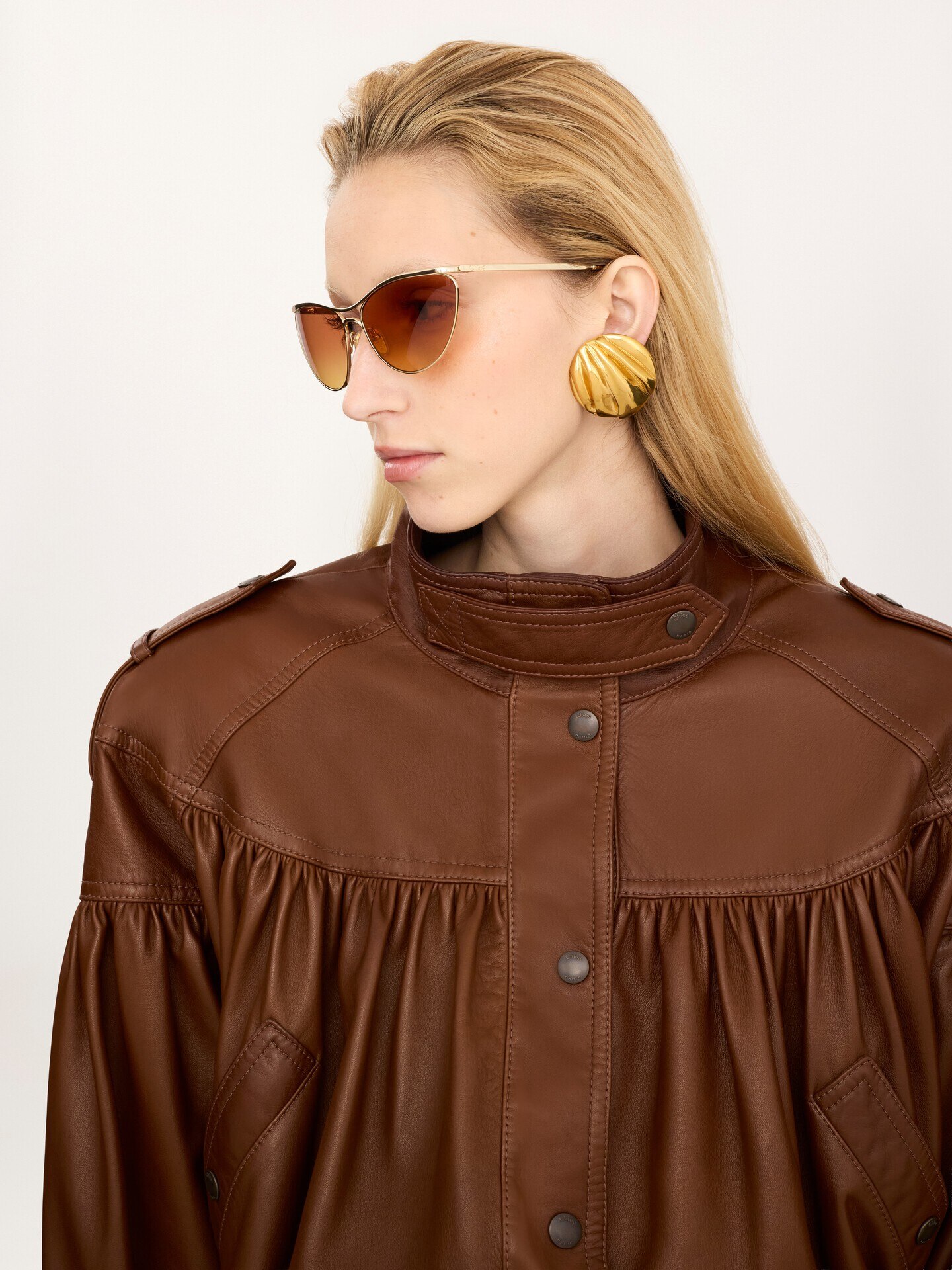 High-neck puff-sleeve leather coat - 6.0