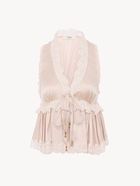 Top sans manches &agrave; nouer en satin de soie lav&eacute; et dentelle