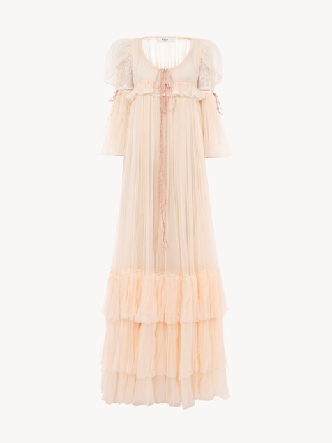Oversized long ruffled dress in silk mousseline & lace