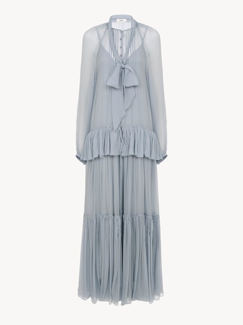 Robe longue lavalli&egrave;re fluide en mousseline de soie