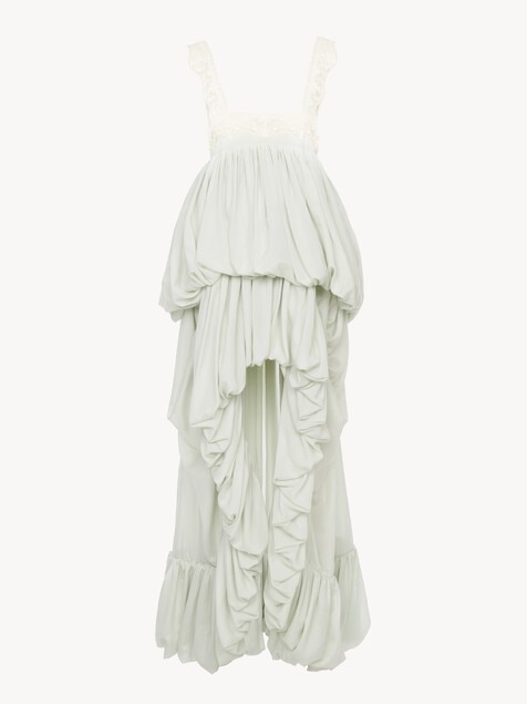 High-low ruffled dress in silk habotai & lace