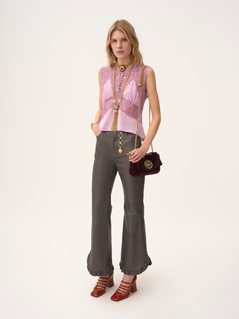 Ruffled flared pants in leather