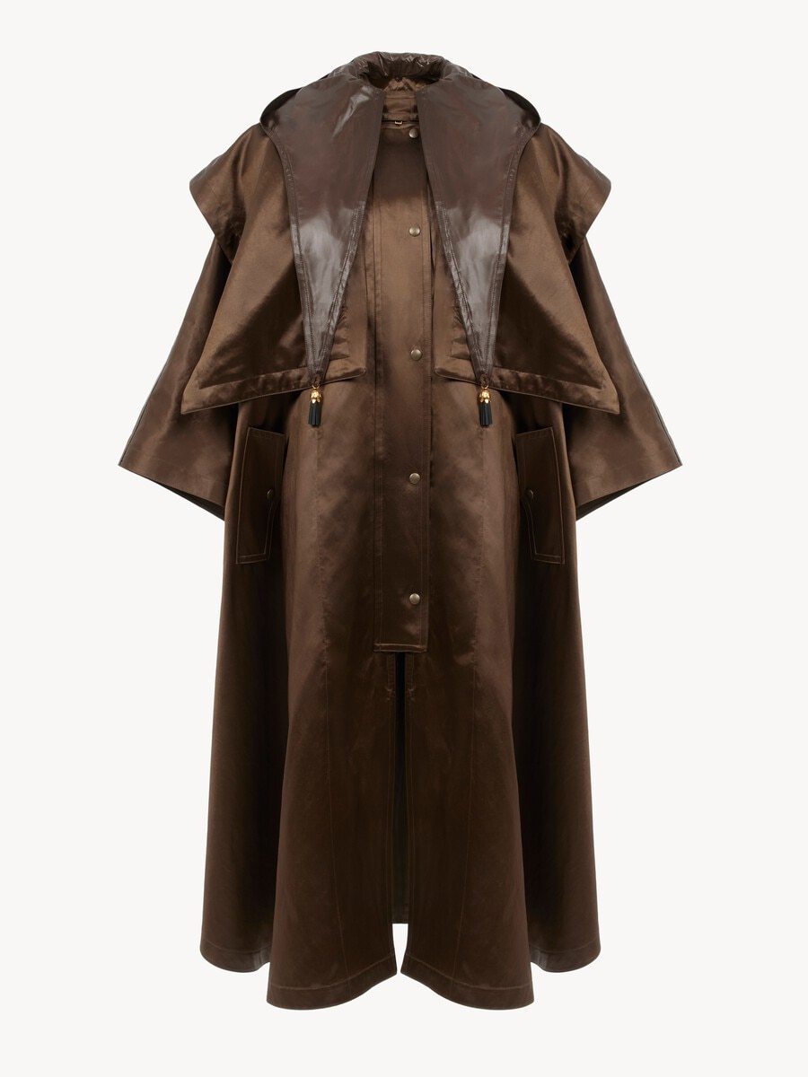 Hooded long cape coat in satin - 2