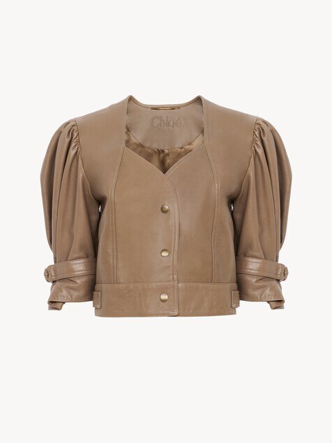 Cropped puff-sleeve leather jacket