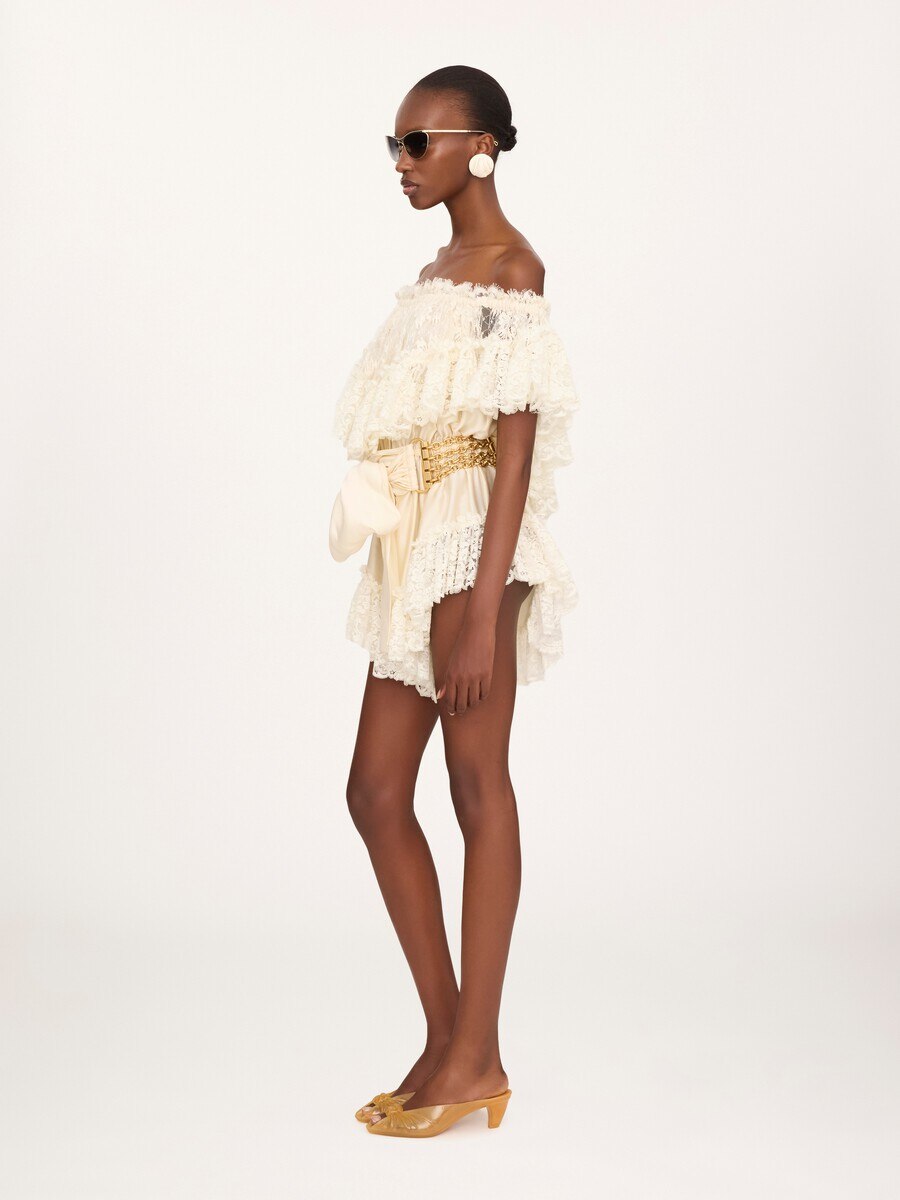 Mini off-the-shoulder playsuit in washed silk satin & lace - 6