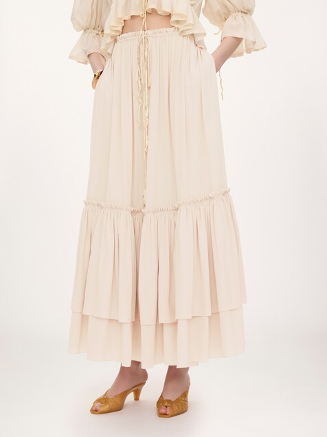 Ruffled long skirt in silk mousseline