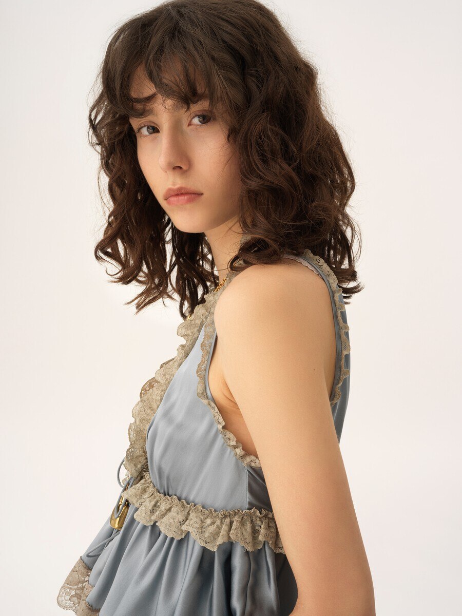 Tie-front sleeveless top in washed silk satin & lace - 6