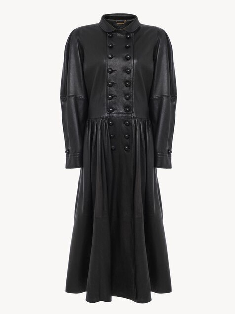 Oversized long riding coat in leather