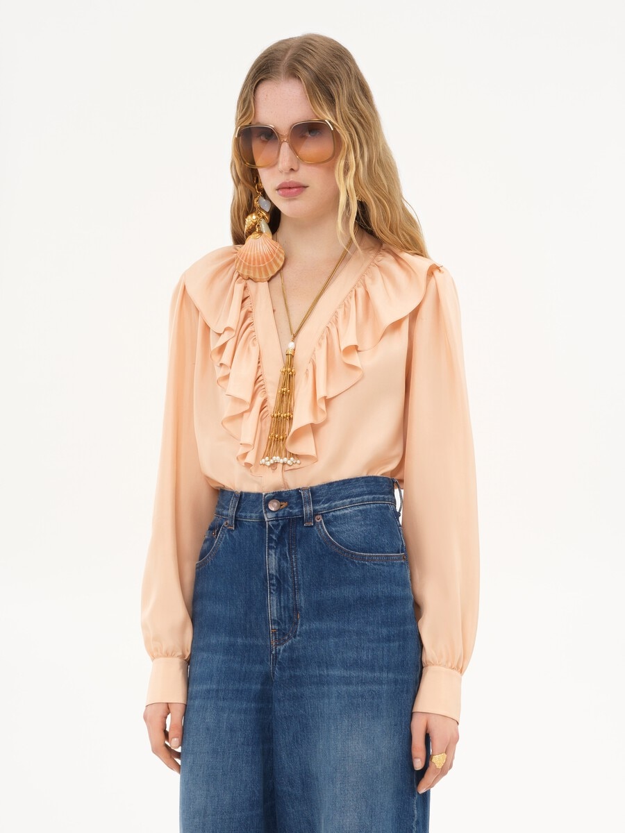 Blouse col V &agrave; volants en soie habotai - 4