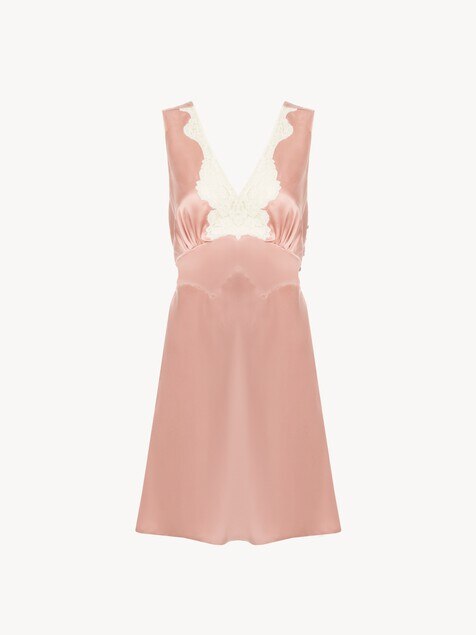 ウォッシュドシルクサテン＆レース製ノースリーブ ミニドレス