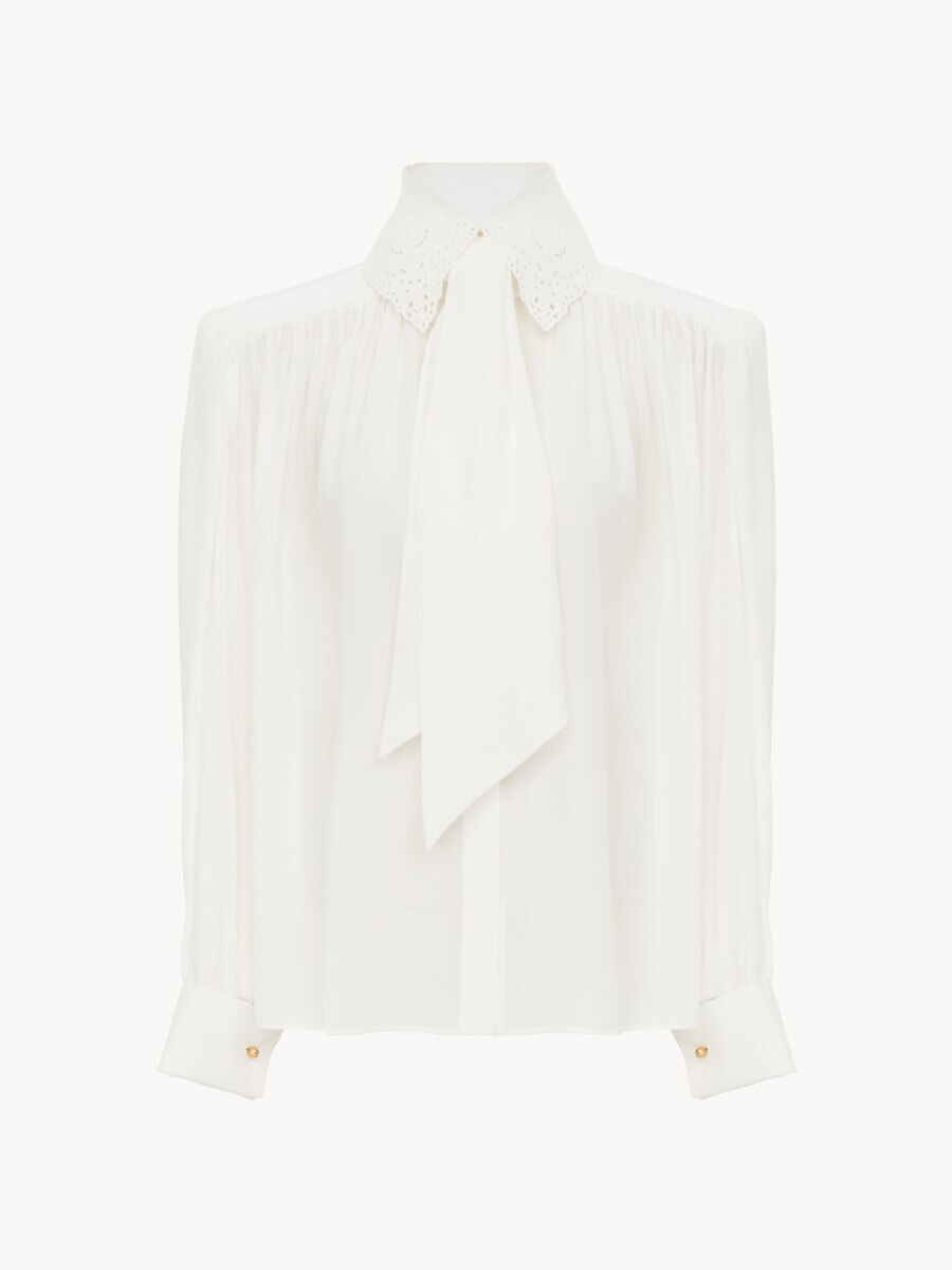 Gathered scarf-tie blouse in cr&ecirc;pe de chine & lace - 2