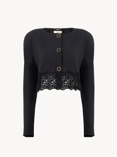 Veste courte sans col en laine grain de poudre et dentelle - 2