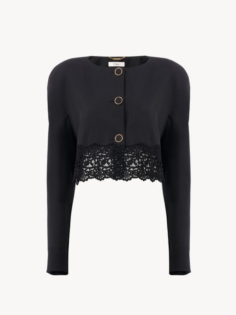 Veste courte sans col en laine grain de poudre et dentelle