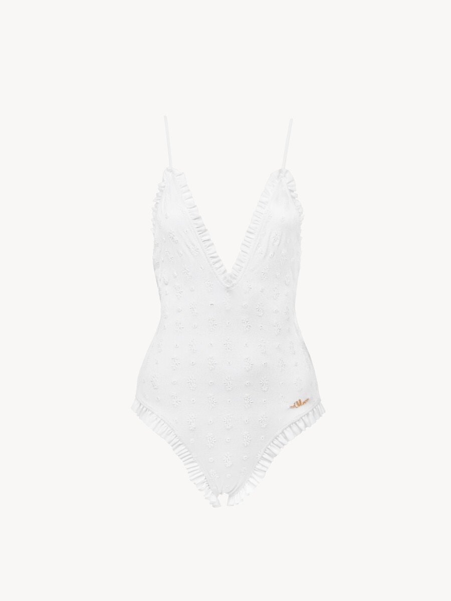 Maillot de bain une pi&egrave;ce col V &agrave; volants et logo - 1