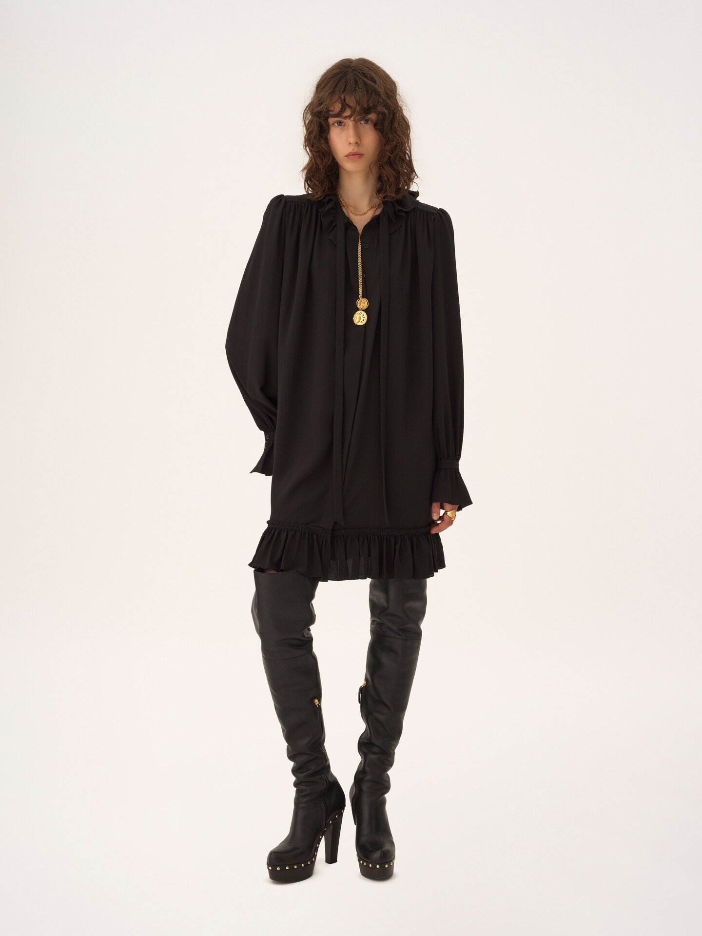 Long-sleeve mini dress in cr&ecirc;pe de chine - 3