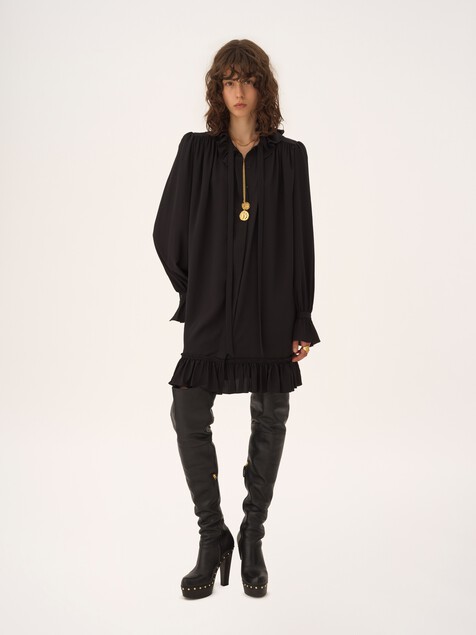 Long-sleeve mini dress in cr&ecirc;pe de chine