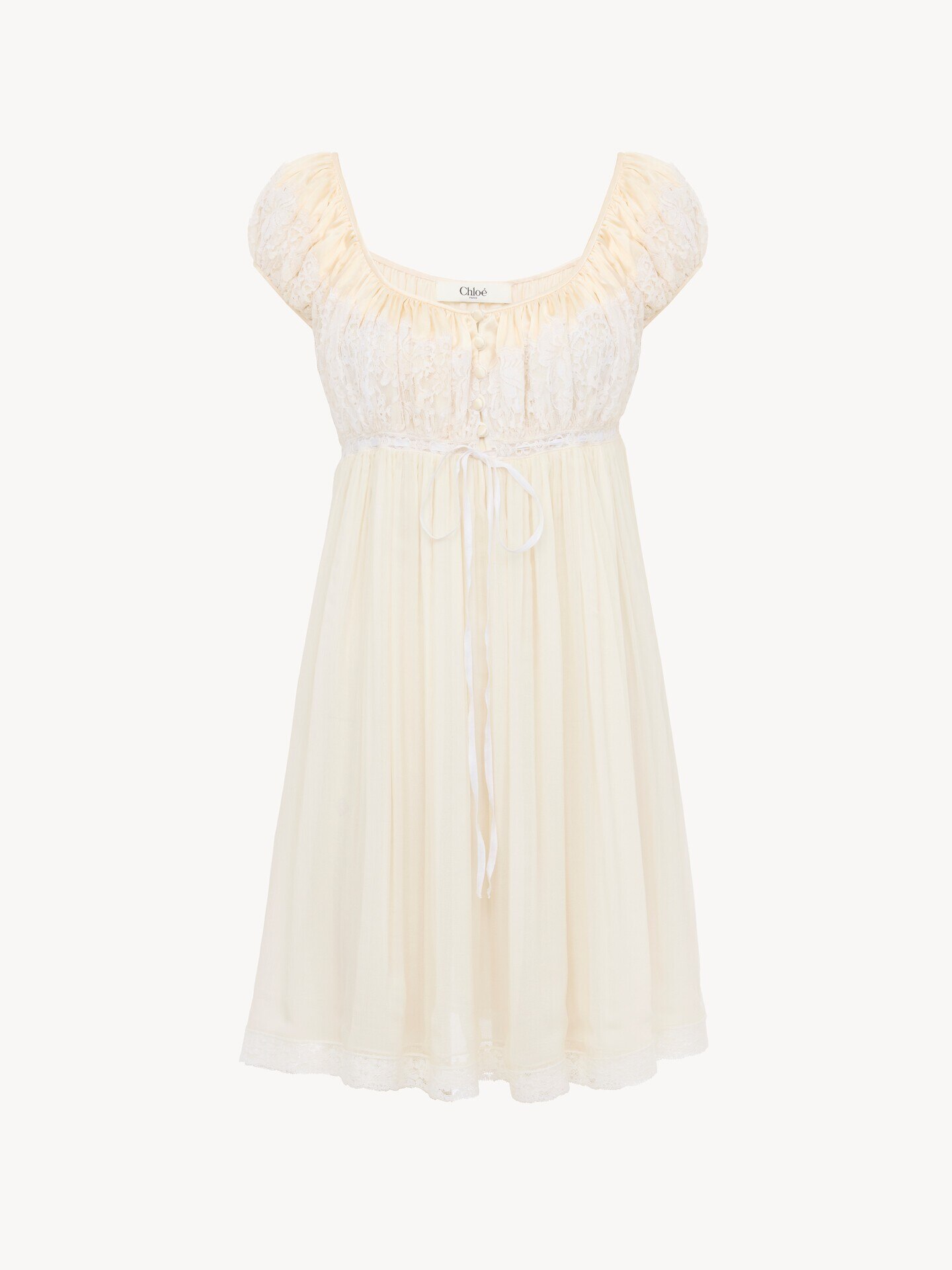 Mini robe manches courtes en mousseline de soie et dentelle - 2.0