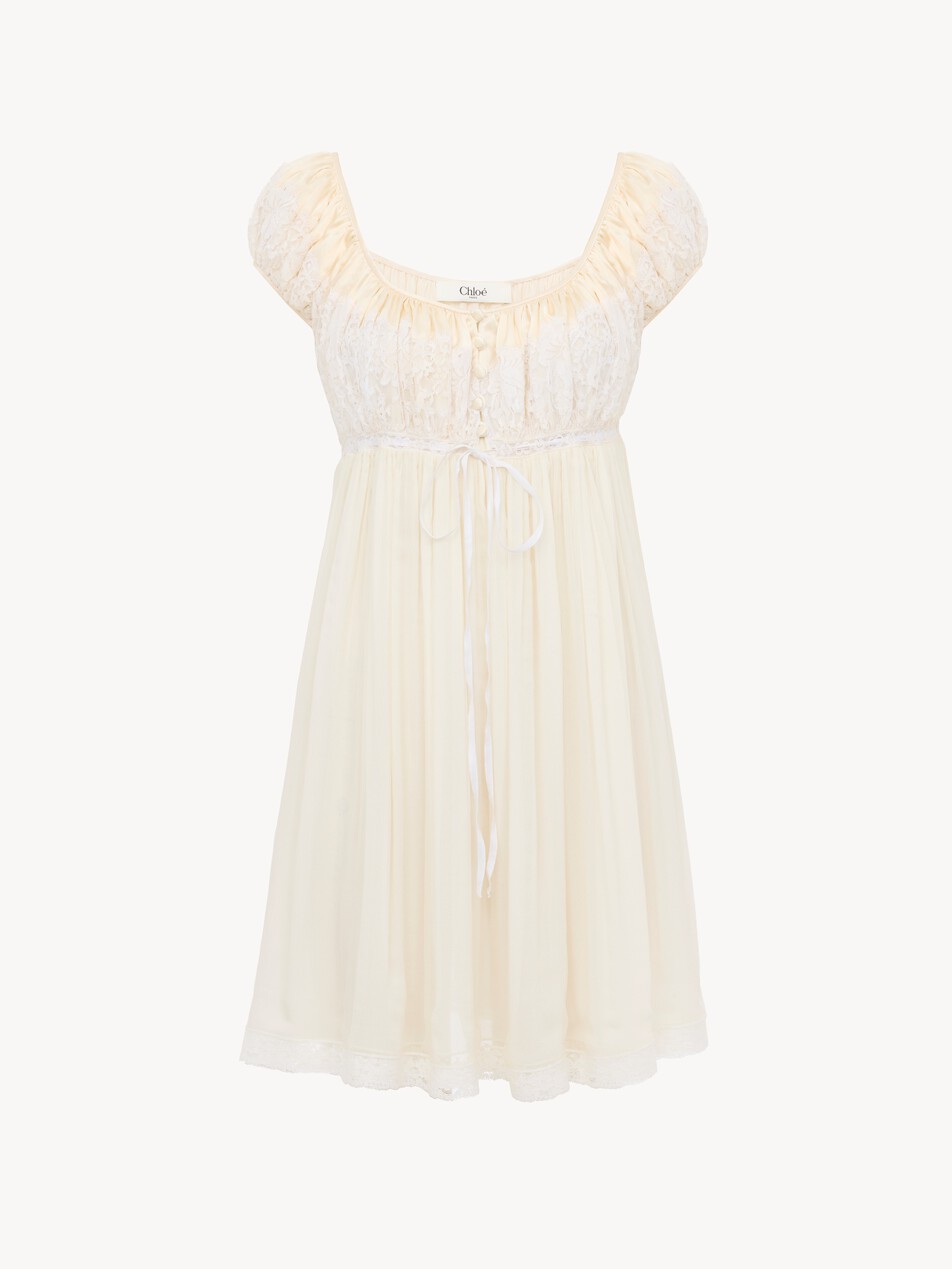 Short-sleeve mini dress in silk mousseline & lace - Packshot