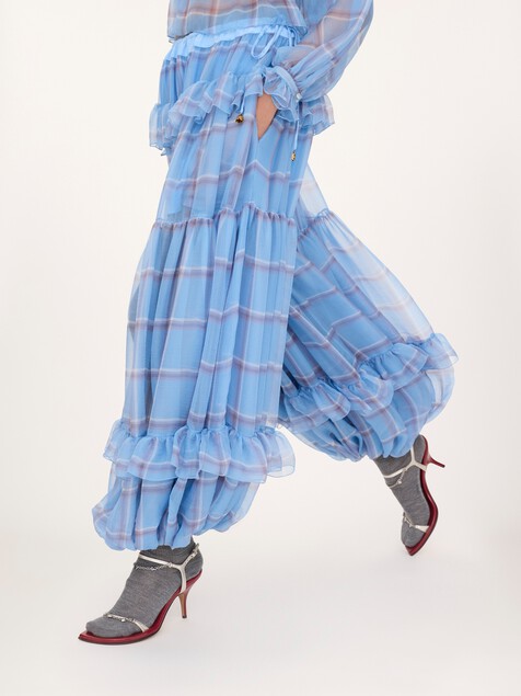 Fluid pleated trousers in check silk mousseline