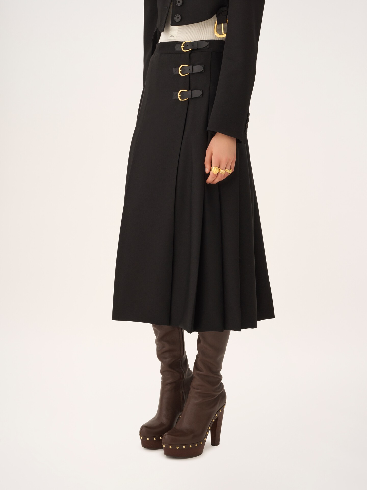 Pleated midi skirt in wool grain de poudre - 6