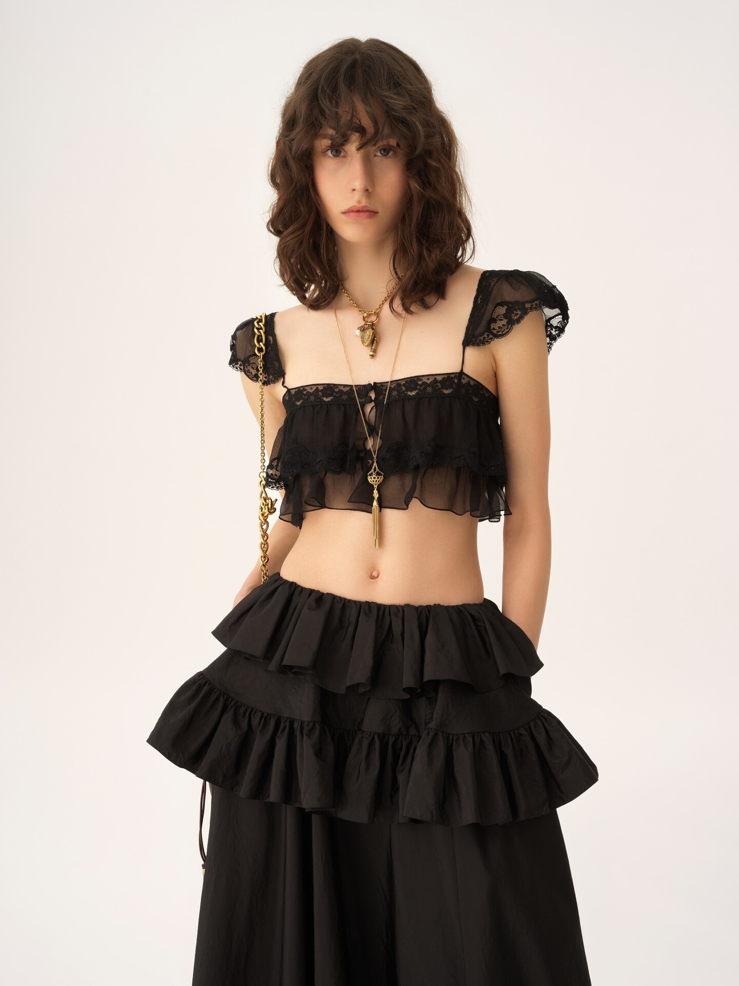 Ruffled bralette in silk mousseline & lace - 6