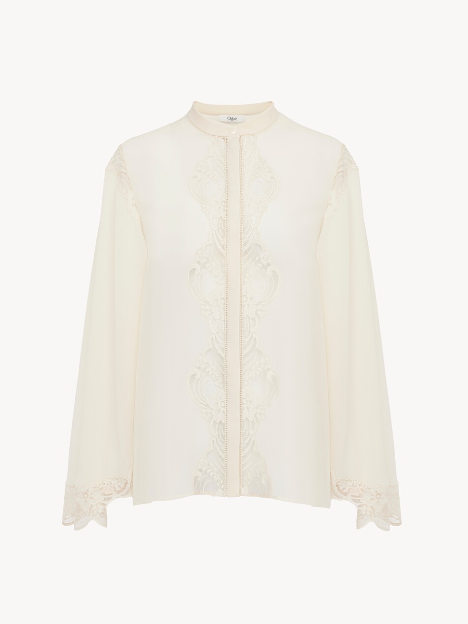 Fluid blouse in silk georgette & lace