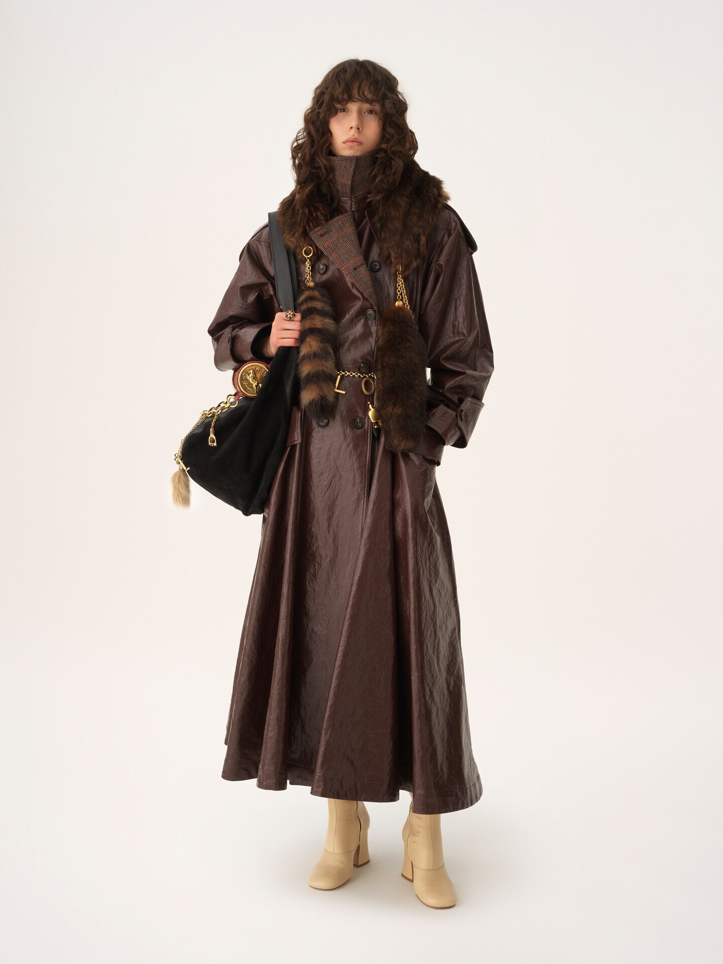 Manteau cavalier long crois&eacute; en lin enduit - 3
