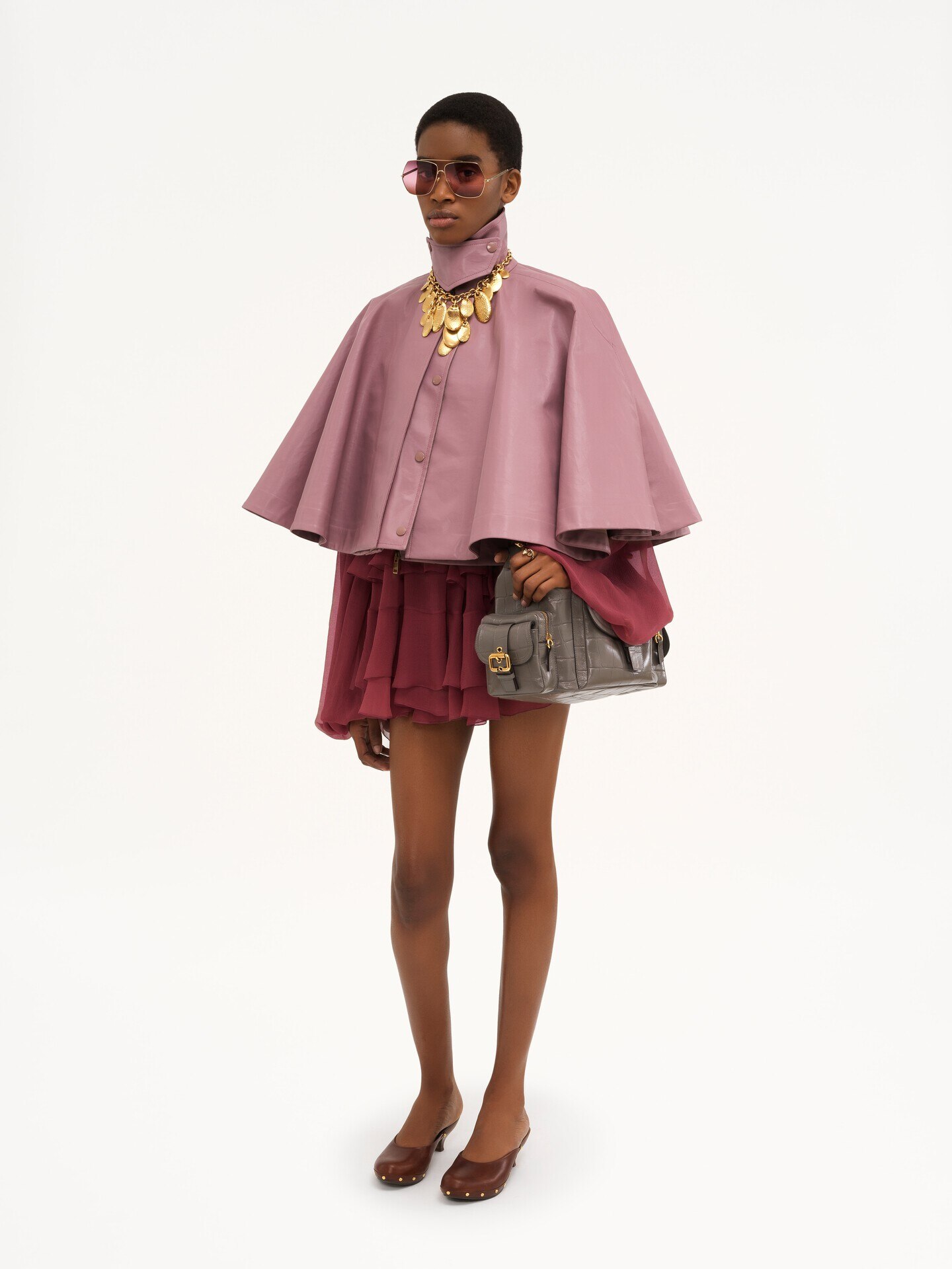 Robe cape courte &agrave; volants en mousseline de soie - 6