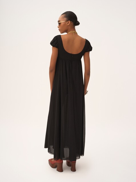 Puff-sleeve long dress in silk plumetis