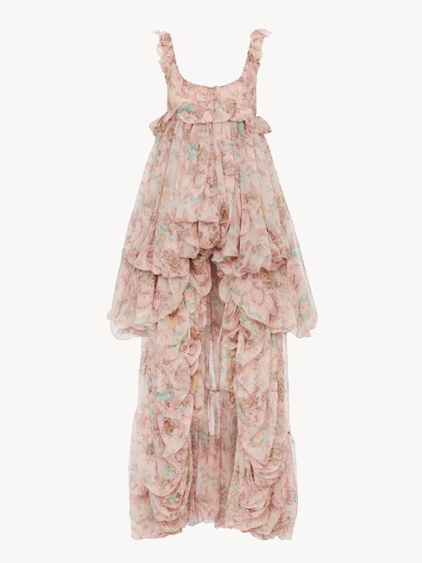 High-low ruffled dress in silk mousseline