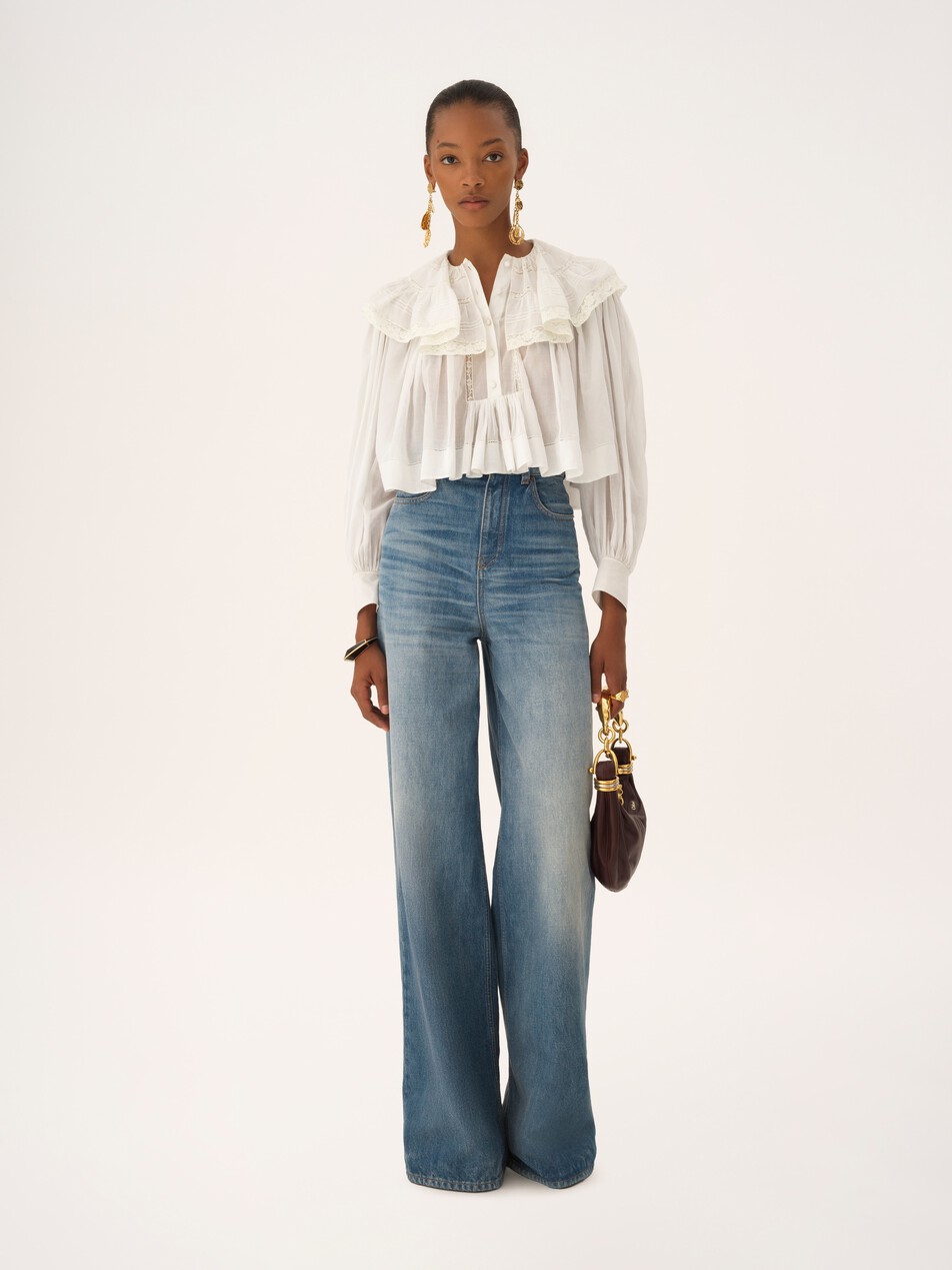 Cropped ruffled top in cotton voile & lace