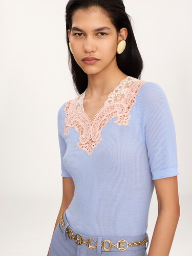 Elbow-sleeve fitted jumper in a wool knit & lace - 7