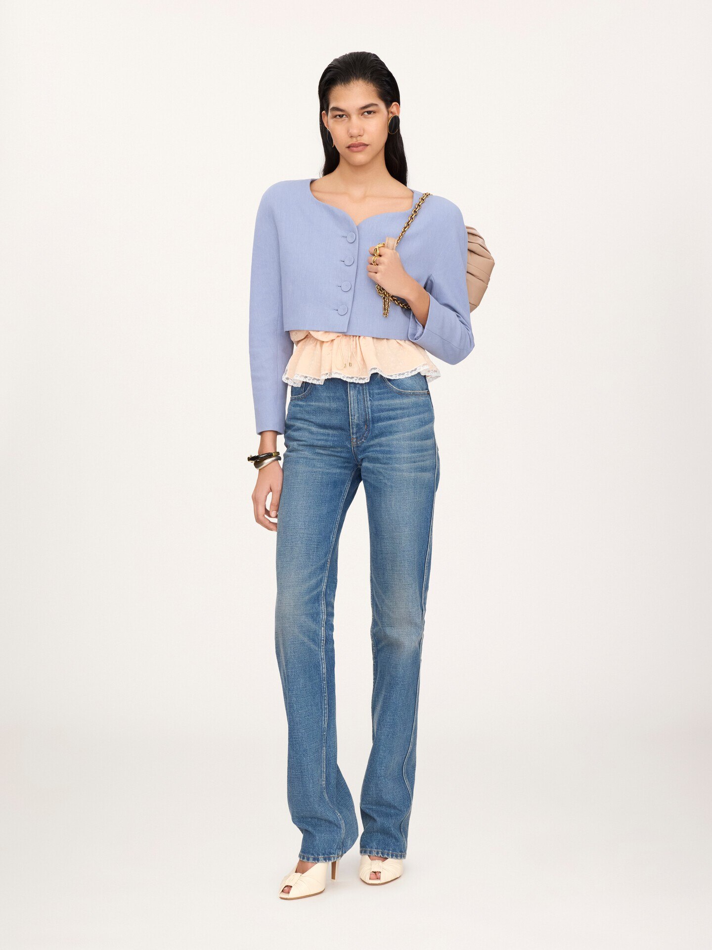 Cropped collarless jacket in linen cr&ecirc;pe - 1.0