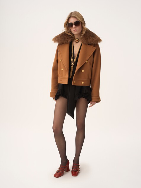 Short boxy double-breasted coat in soft wool